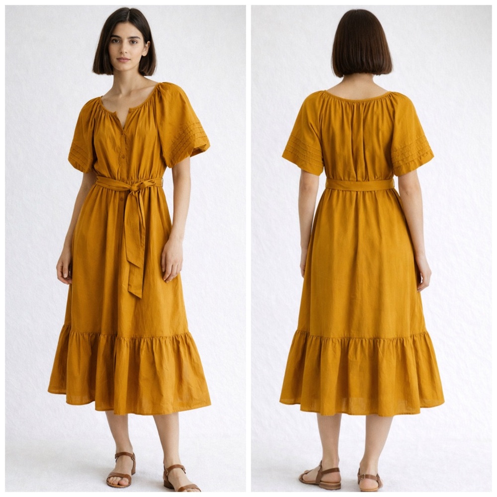 New A loves A Ella Midi Dress with Tie Waist in Marigold Yellow